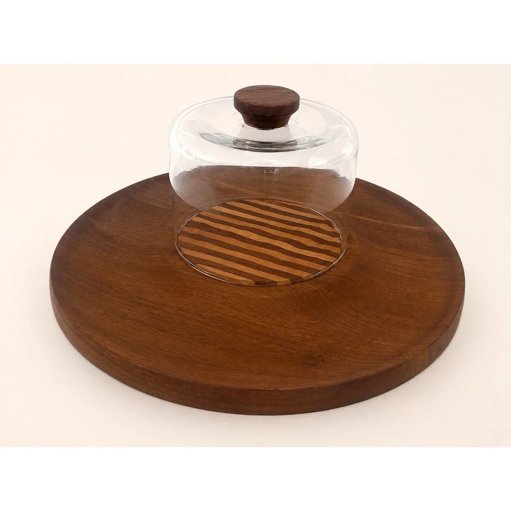 Vintage MCM Wood Cheese Board Glass Cloche Dome Serving Tray Striped Inlay 12in